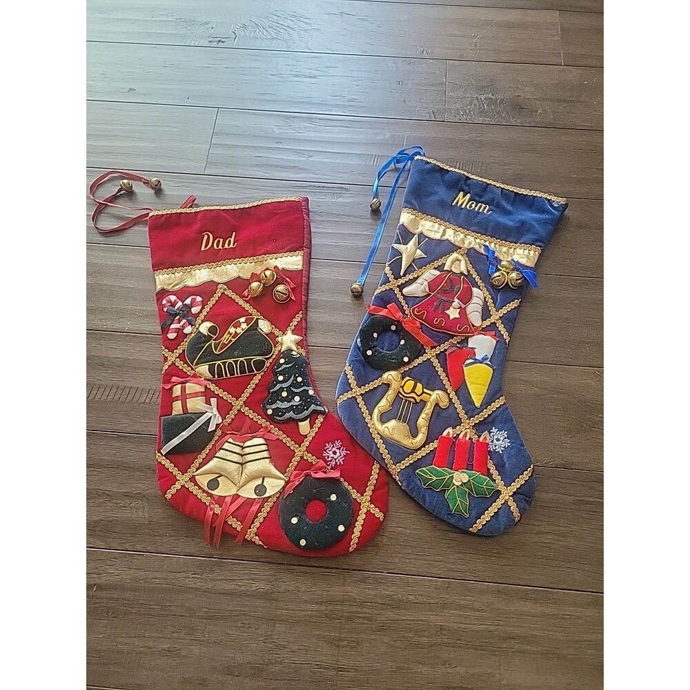 Christmas stocking Vintage velvet applique gold braid holiday Set/2